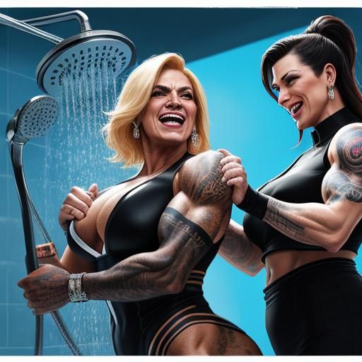 Two Transgender Bodybuilders Hugging in Shower, Hyperrealist...