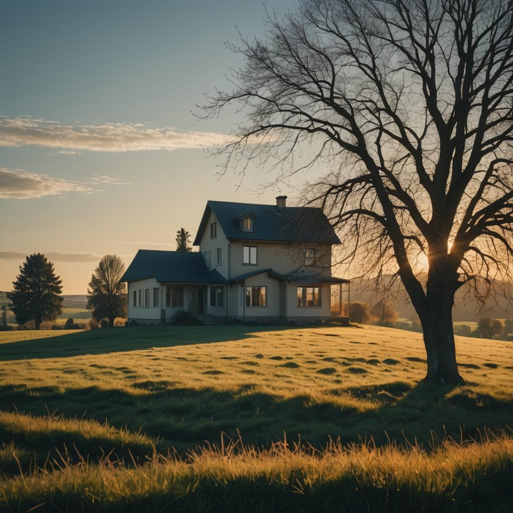 Modern House on Meadow at Sunset: Cinematic Film