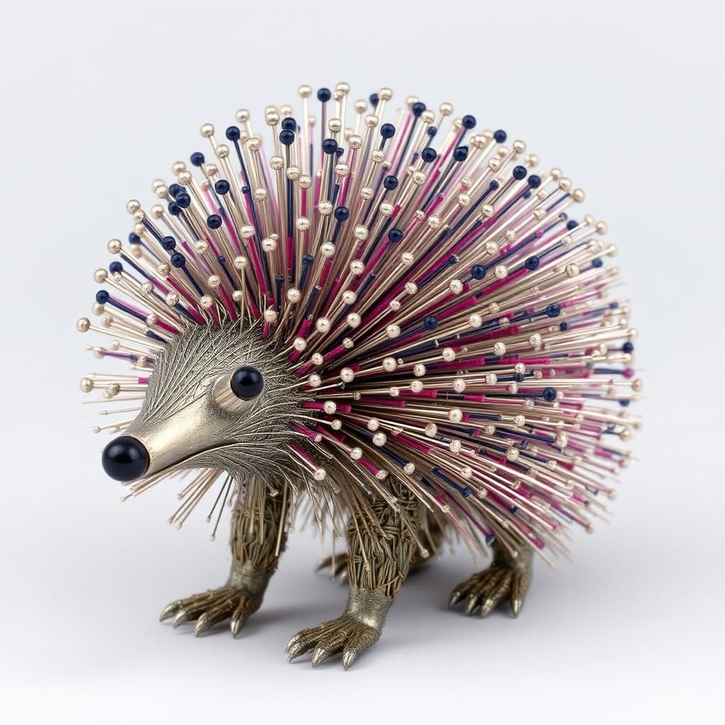 Porcupine Sculpture Created from Sewing Needles and Pins