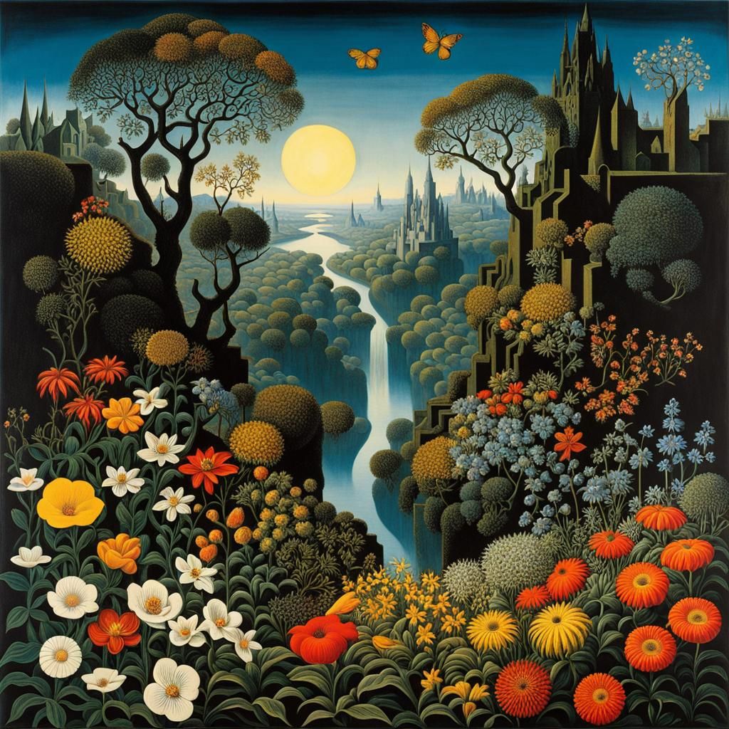 Surreal Flowers Hide Jewel, Inspired by Escher and Dali