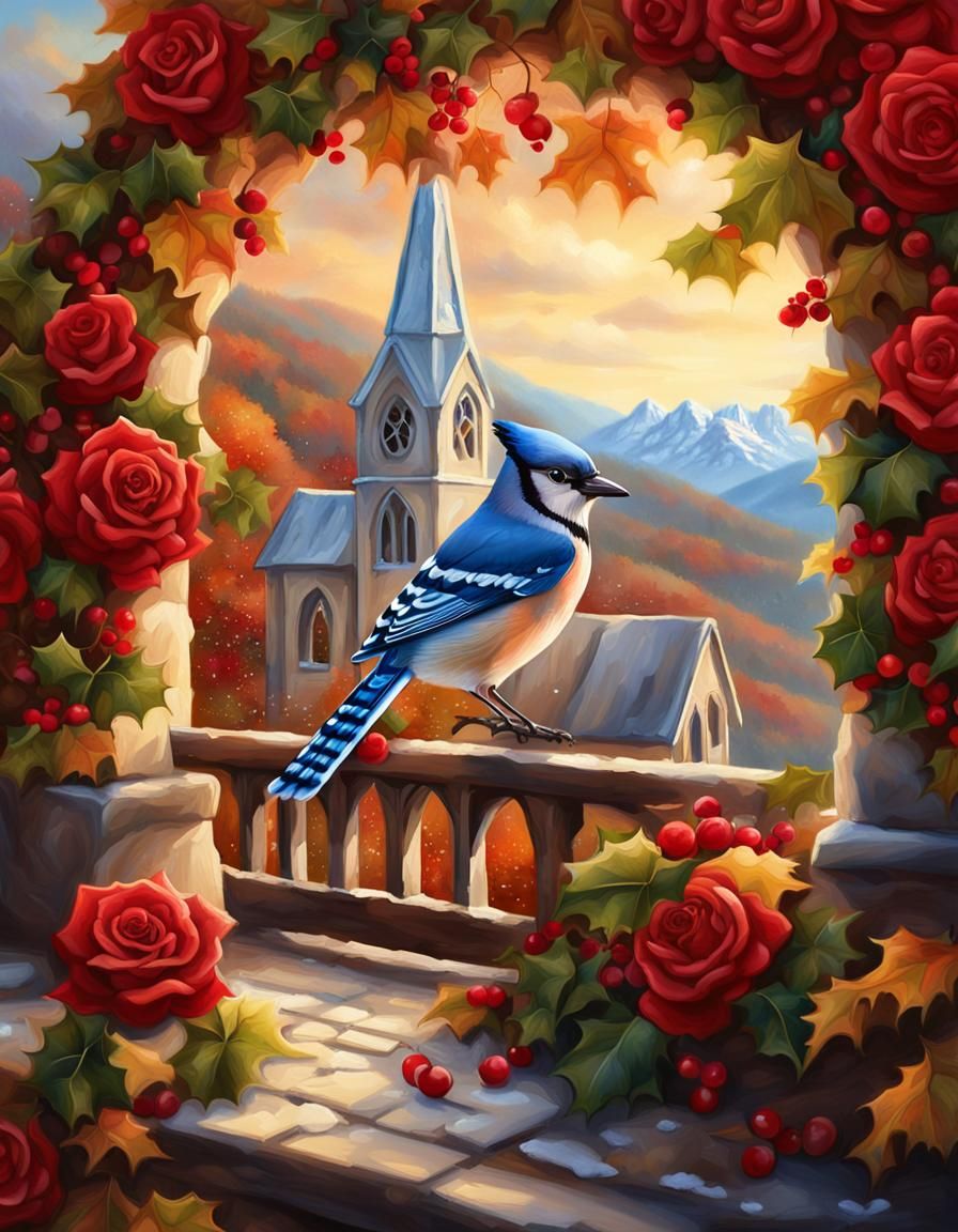 Autumn Landscape with Blue Jay: Oil Painting