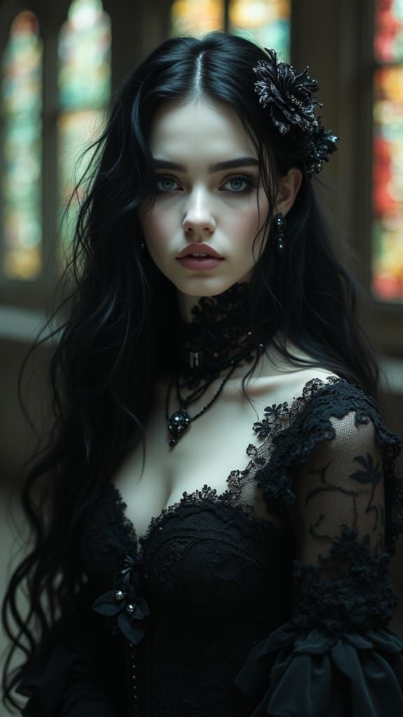 Gothic Woman in Cathedral: Hyperrealistic Surreal Portrait