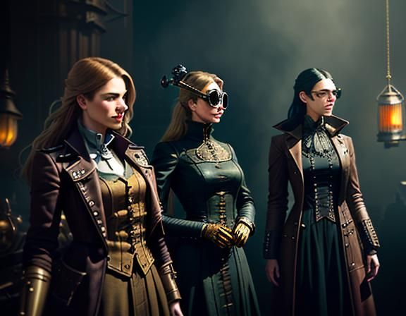 Steampunk Women Inside Time Machine: Cinematic Digital Art