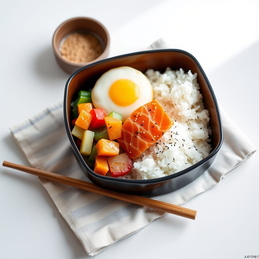 Minimalist Bento Box Still Life with Salmon and Tamagoyaki
