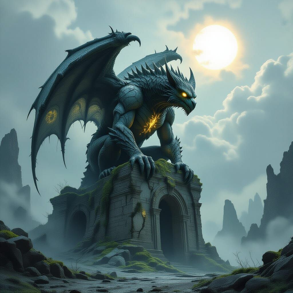 Ancient Gargoyle Surveys Alien World Under Twin Suns