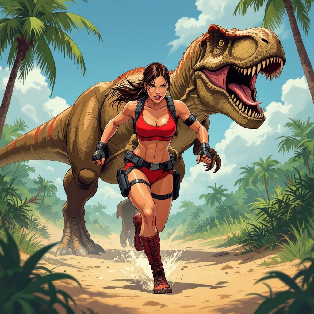 Lara Croft Runs from T-Rex in Comic Art Style