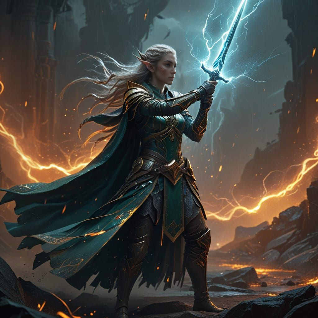 Elegant Elf Paladin Wields a Lightning Sword in a Vibrant Fa...