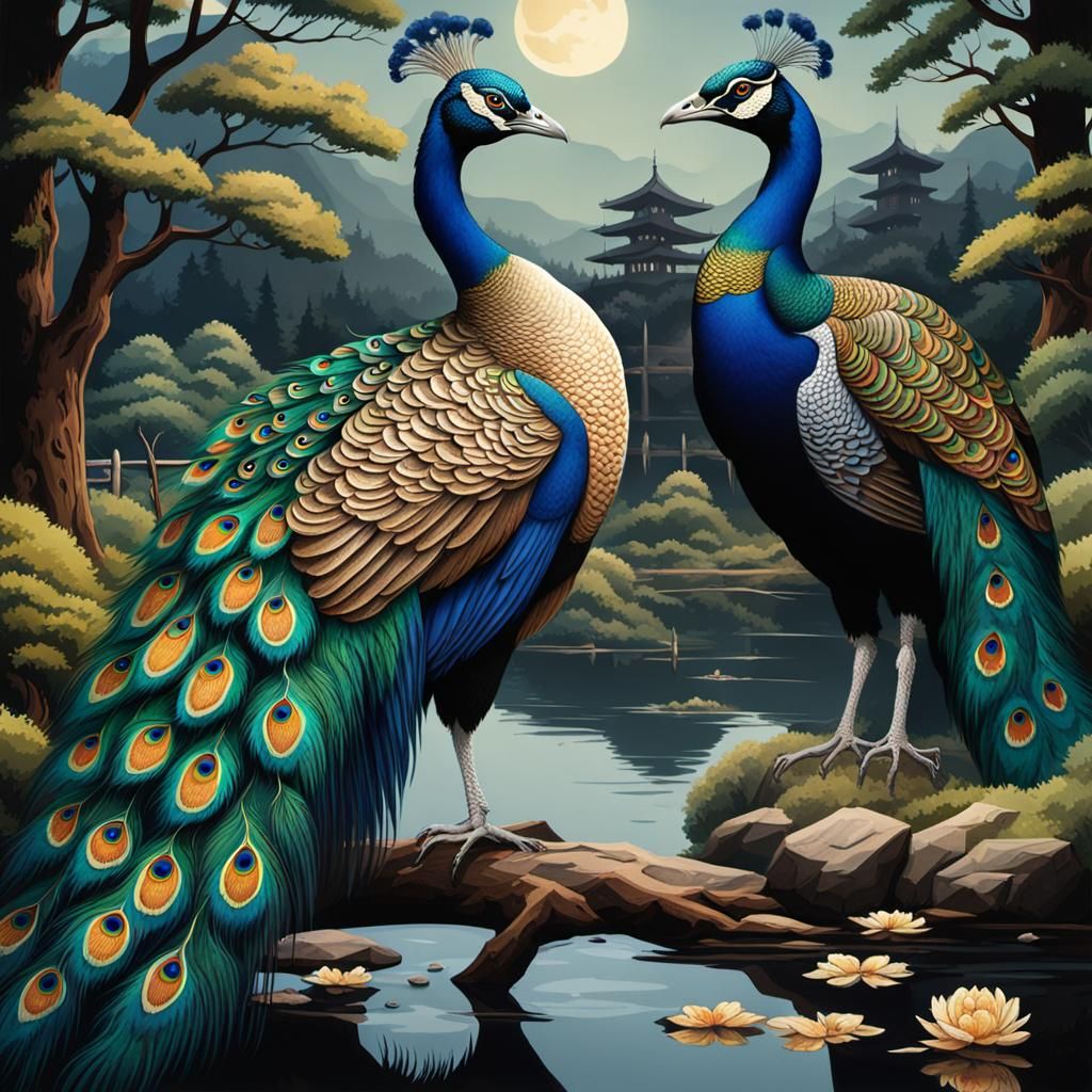 Vibrant Peacocks in a Tropical Setting