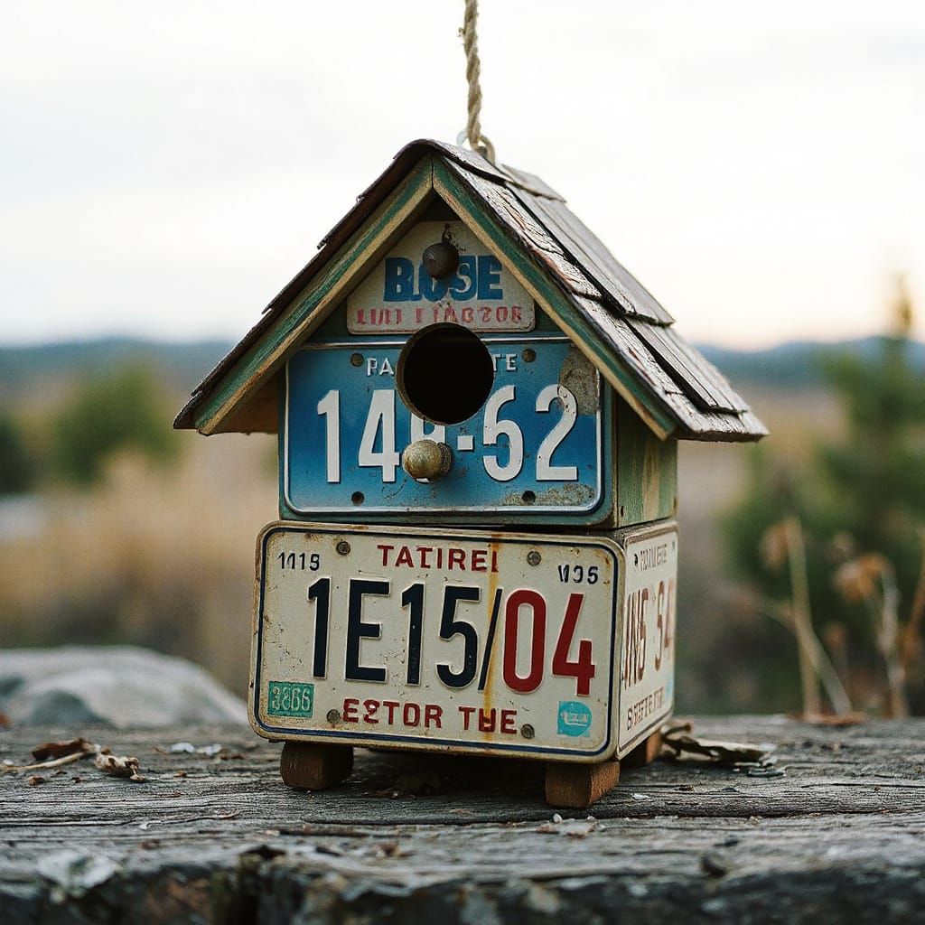Rustic Birdhouse Constructed from License Plates in Photorea...