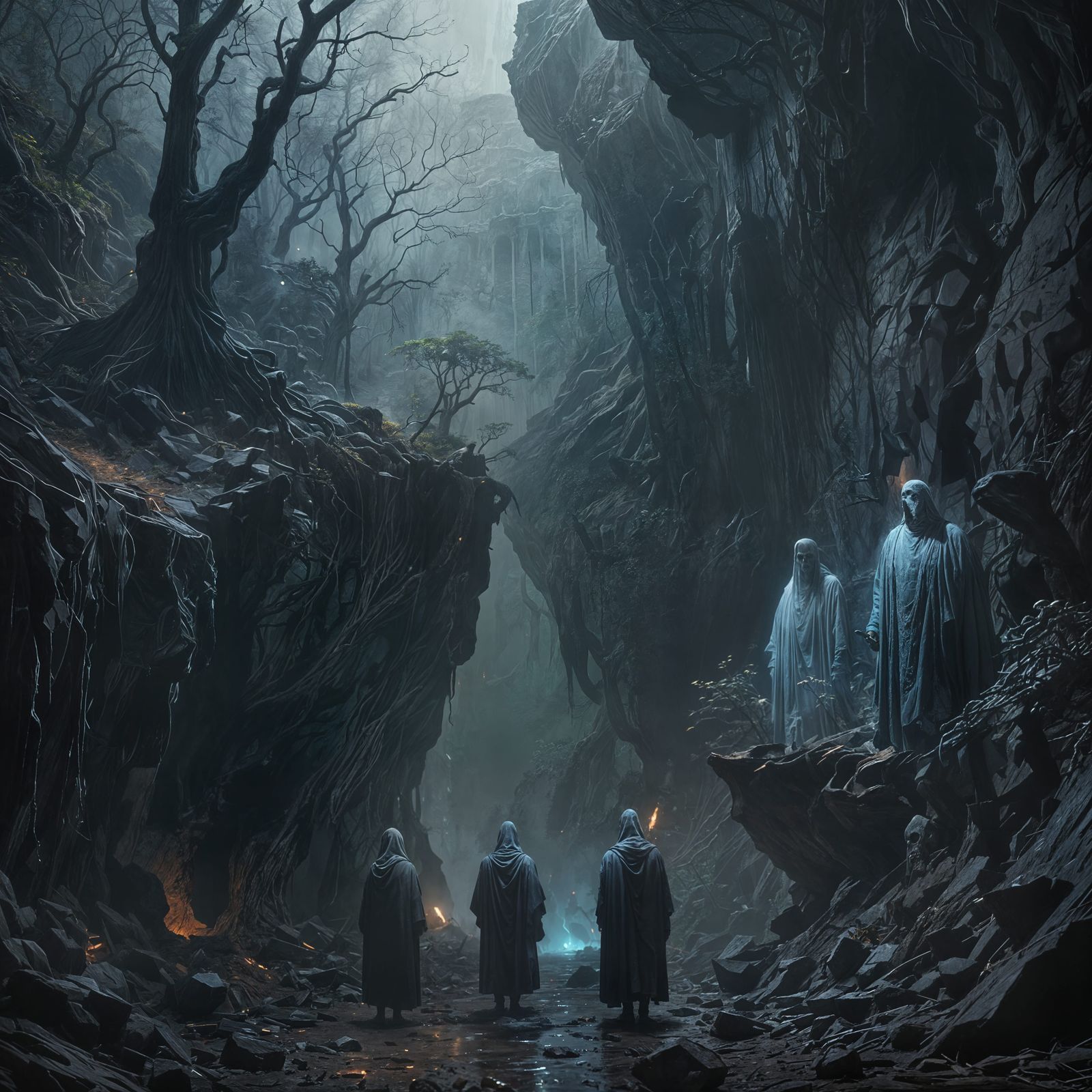 Ghosts Guarding an Iridescent Cave: Dark Fantasy