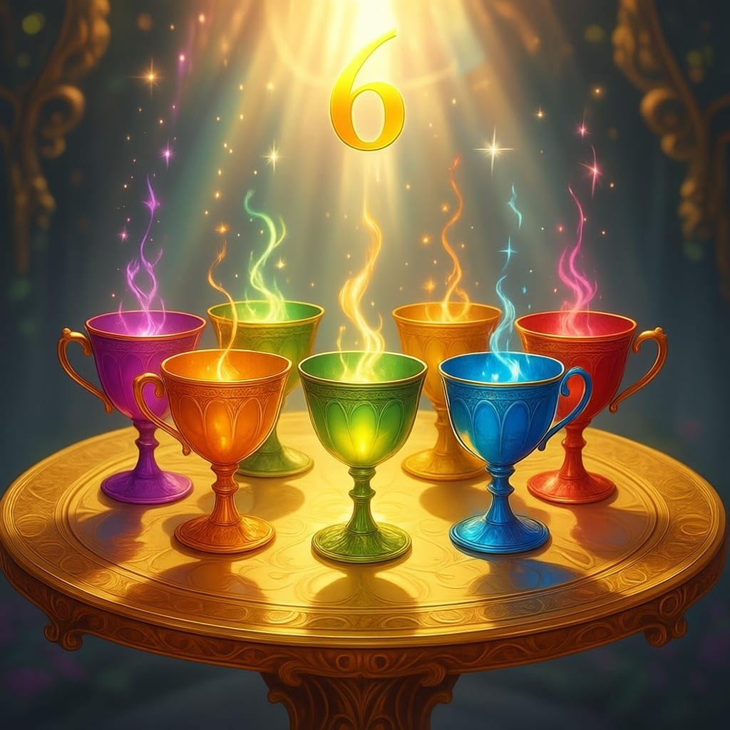 6 of Cups Tarot Card with Rainbow Chalices on Gold Table