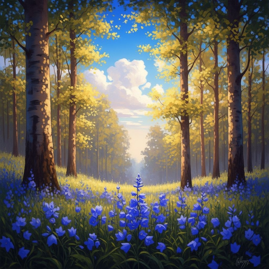 Bluebells in Sunlit Forest: An Impressionistic Scene