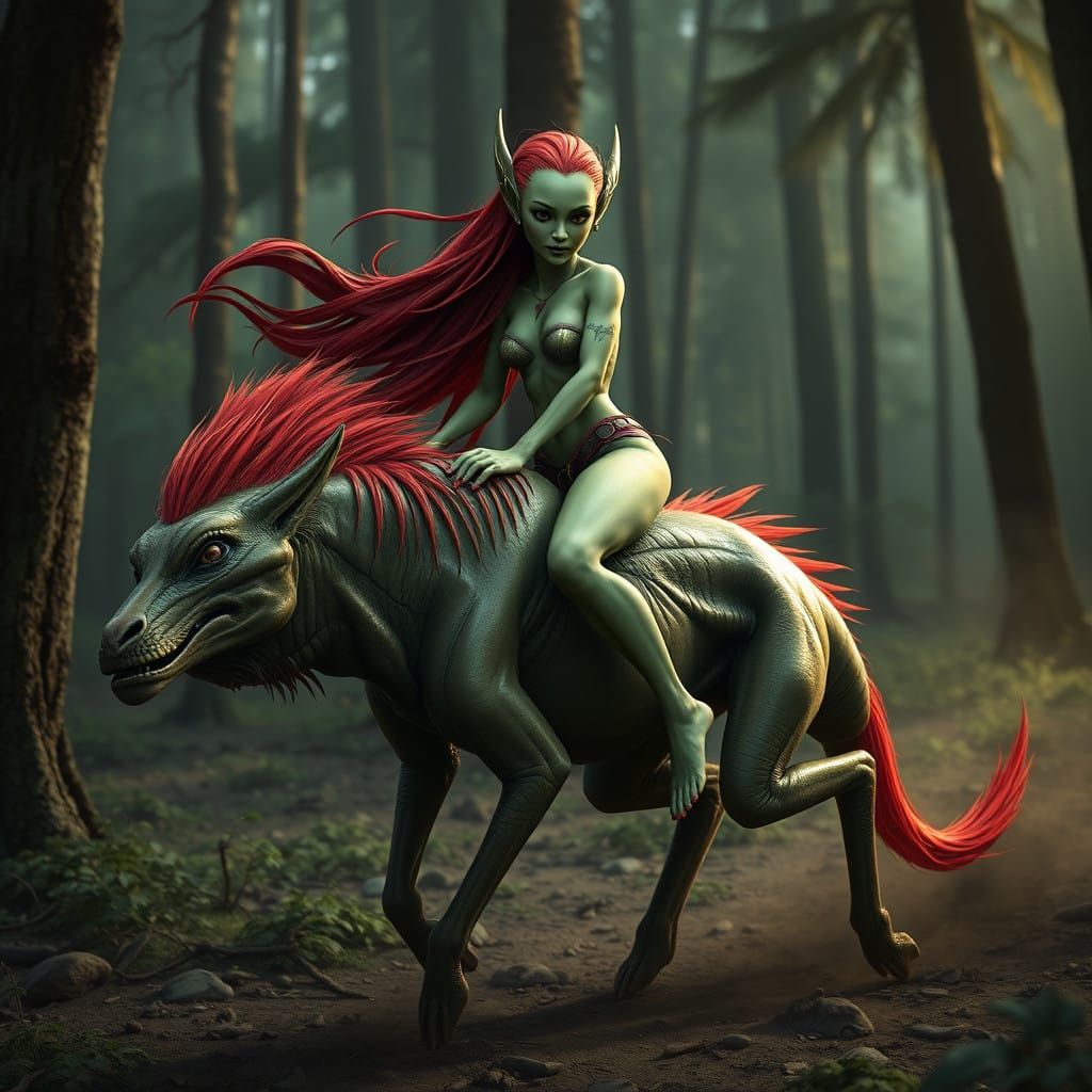 Hyper Realistic Alien on Exotic Steed Rides through Primeval...