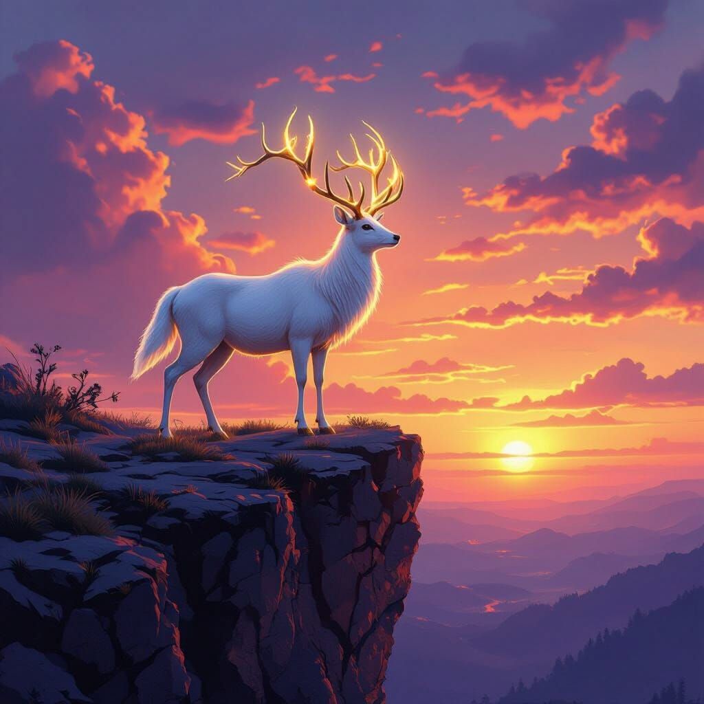 Majestic White Deer Against Fiery Sunset Sky