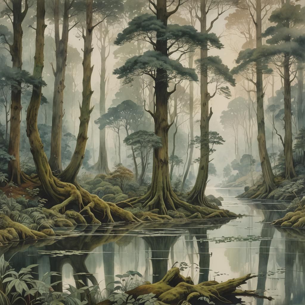 Victorian Landscape Watercolor of Serpentine Lake