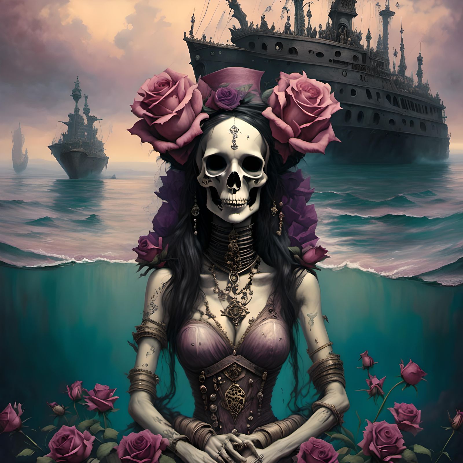 Purple Rose Skulls Boat Scene