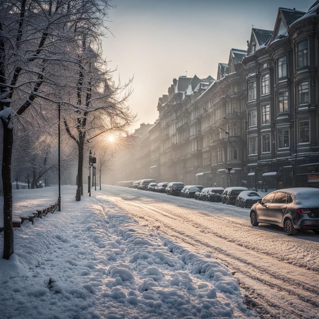 Snowy City Morning Backed by Forest: Hyperrealistic HDR