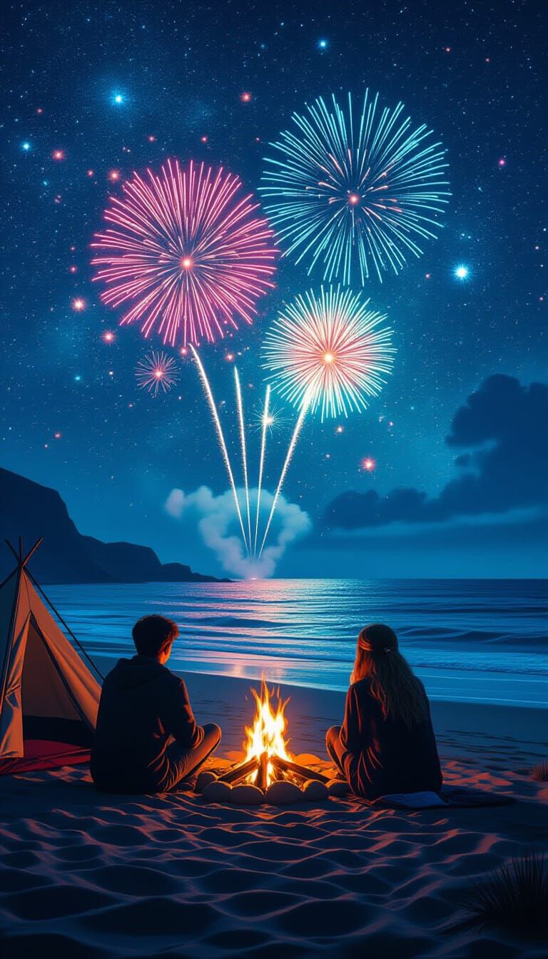 Harry Potter and Ginny Weasley: Cyberpunk Beach Campfire