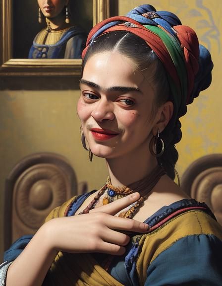 16k resolution, art by Frida Kahlo, Johannes Vermeer, single individual, infectious laughter, dramatic expressions, rich...