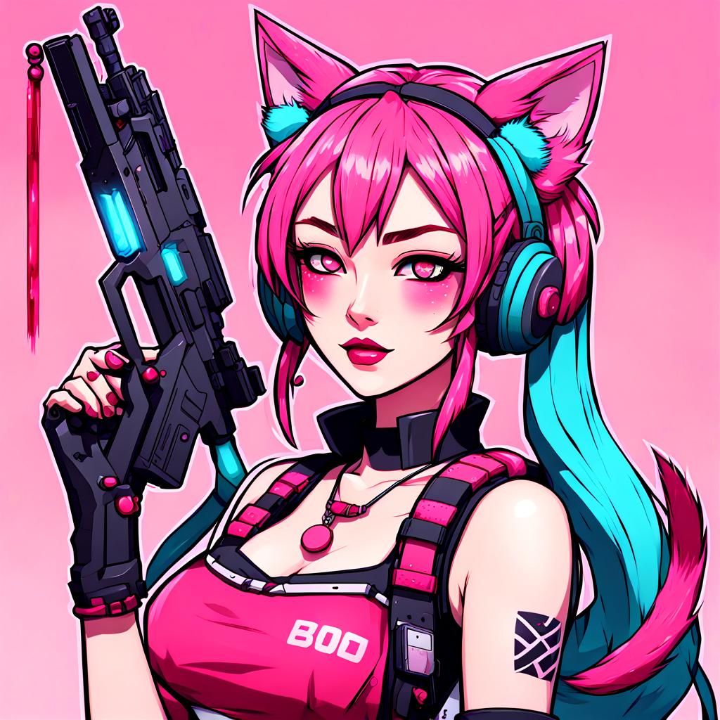 Kawaii Anime Blood Neko Girl with Toy Gun