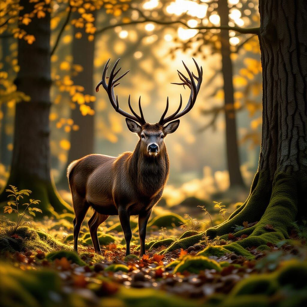 Majestic Stag in Sunlit Forest Clearing with Autumn Antlers
