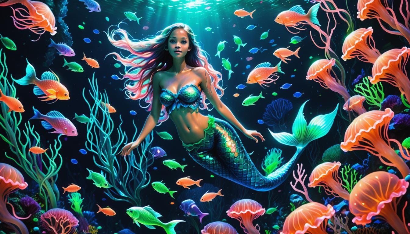 Mermaid in Bioluminescent Underwater Fantasy Art