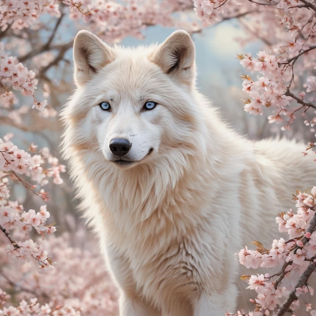 White Wolf with Blue Eyes in Watercolor Cherry Blossom Scene