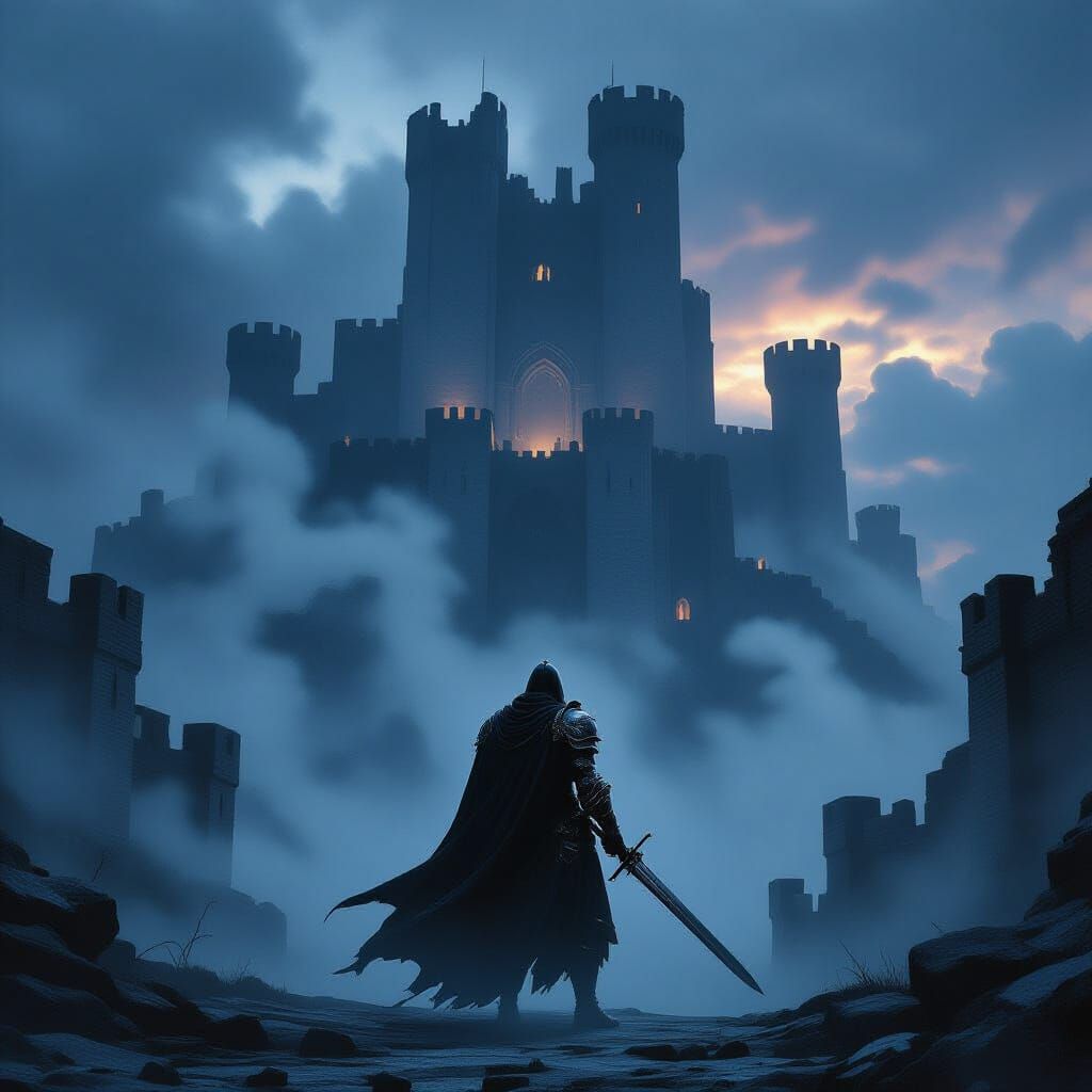 Knight Silhouetted Against Crumbling Citadel