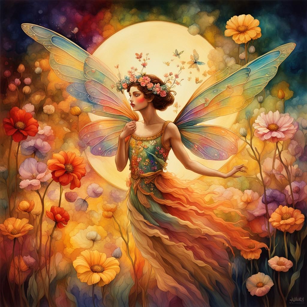 Flower Fairy in Garden: Whimsical Vintage Illustration