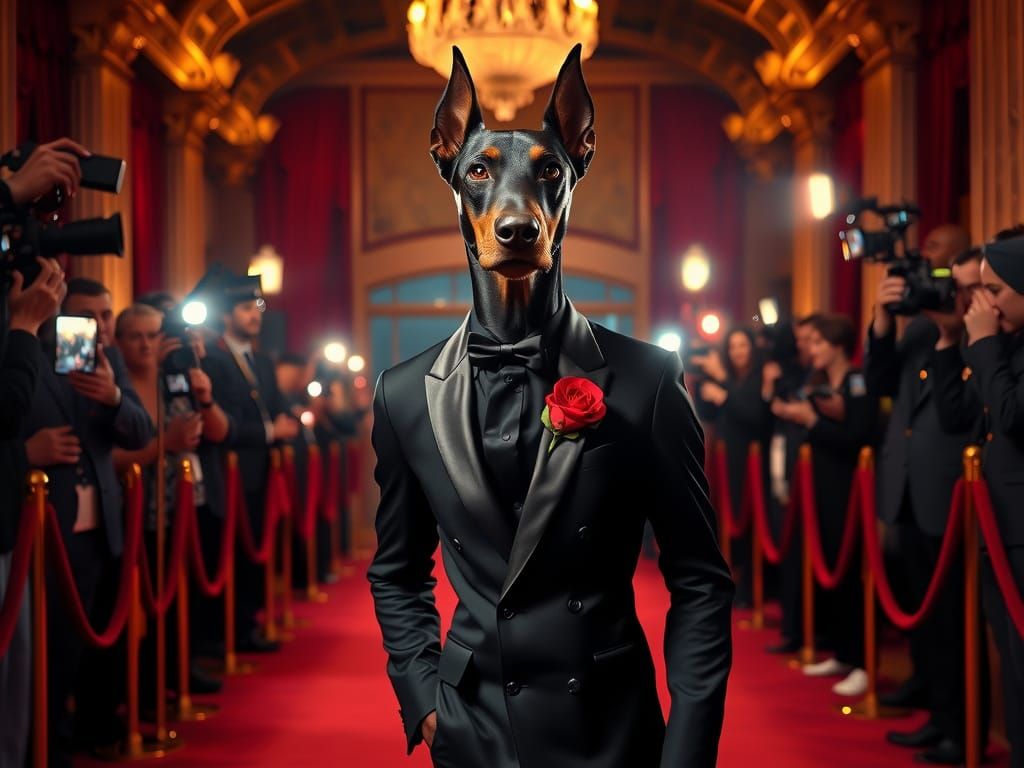 Formal Doberman Strides Down Red Carpet in Art Deco Backdrop