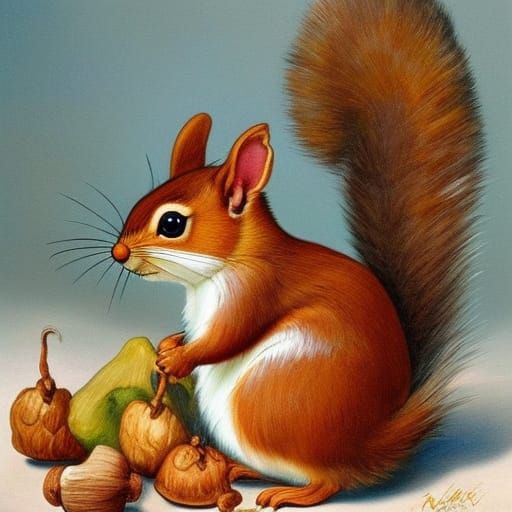 Whimsical Squirrel with Acorns and Nuts Painting