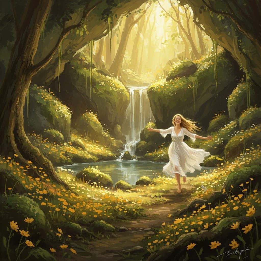 Serene Grotto with Golden Haze and Yellow Flowers