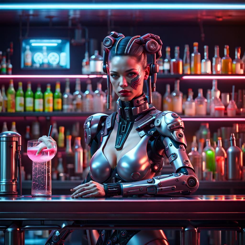 Cyborg bartender in cyberpunk bar ,3d rendering, hyper realistic, 64 megapixels, intricate details, high gloss colours