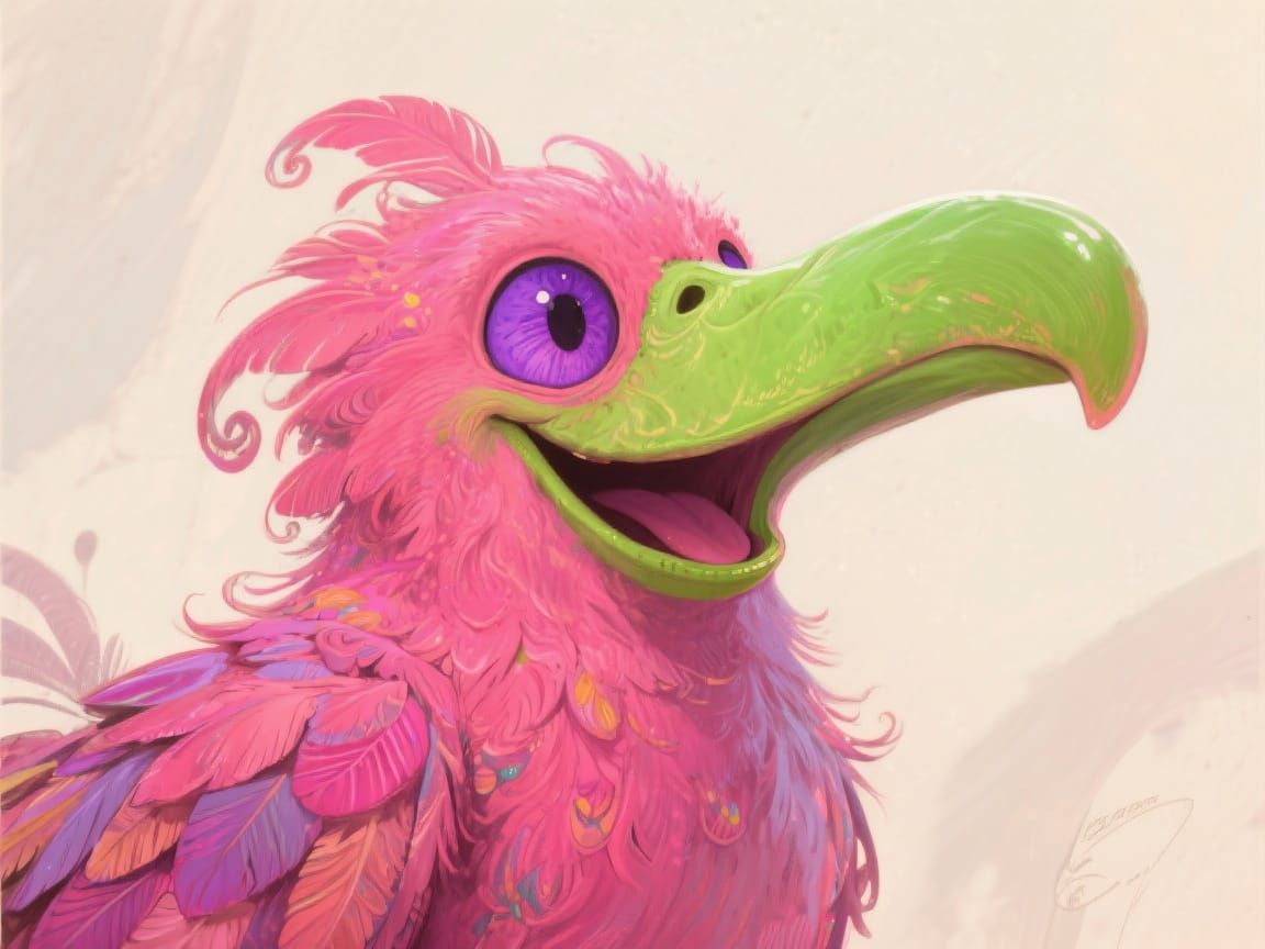 Whimsical Pink Bird with Green Beak, Detailed Illustration