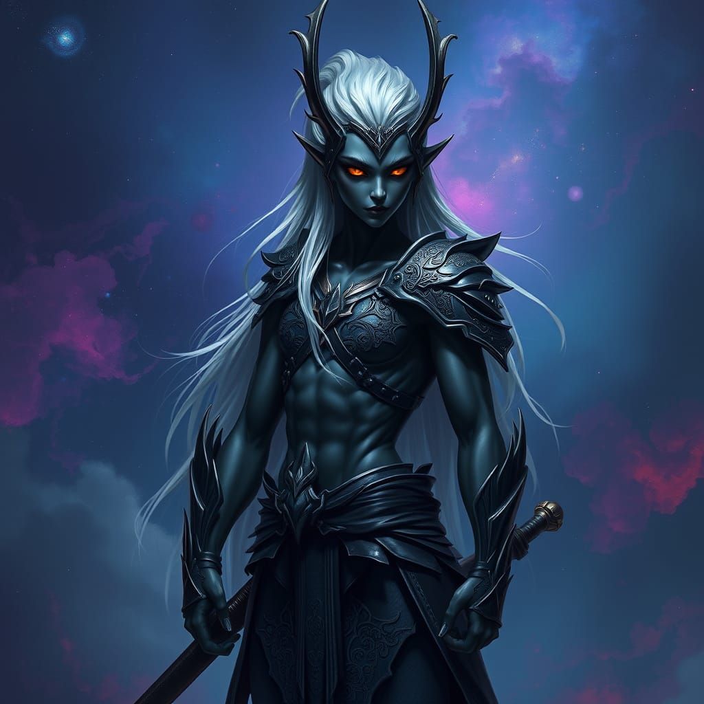 Cyberpunk Drow Elf Samurai Emerges from Cosmic Shadows