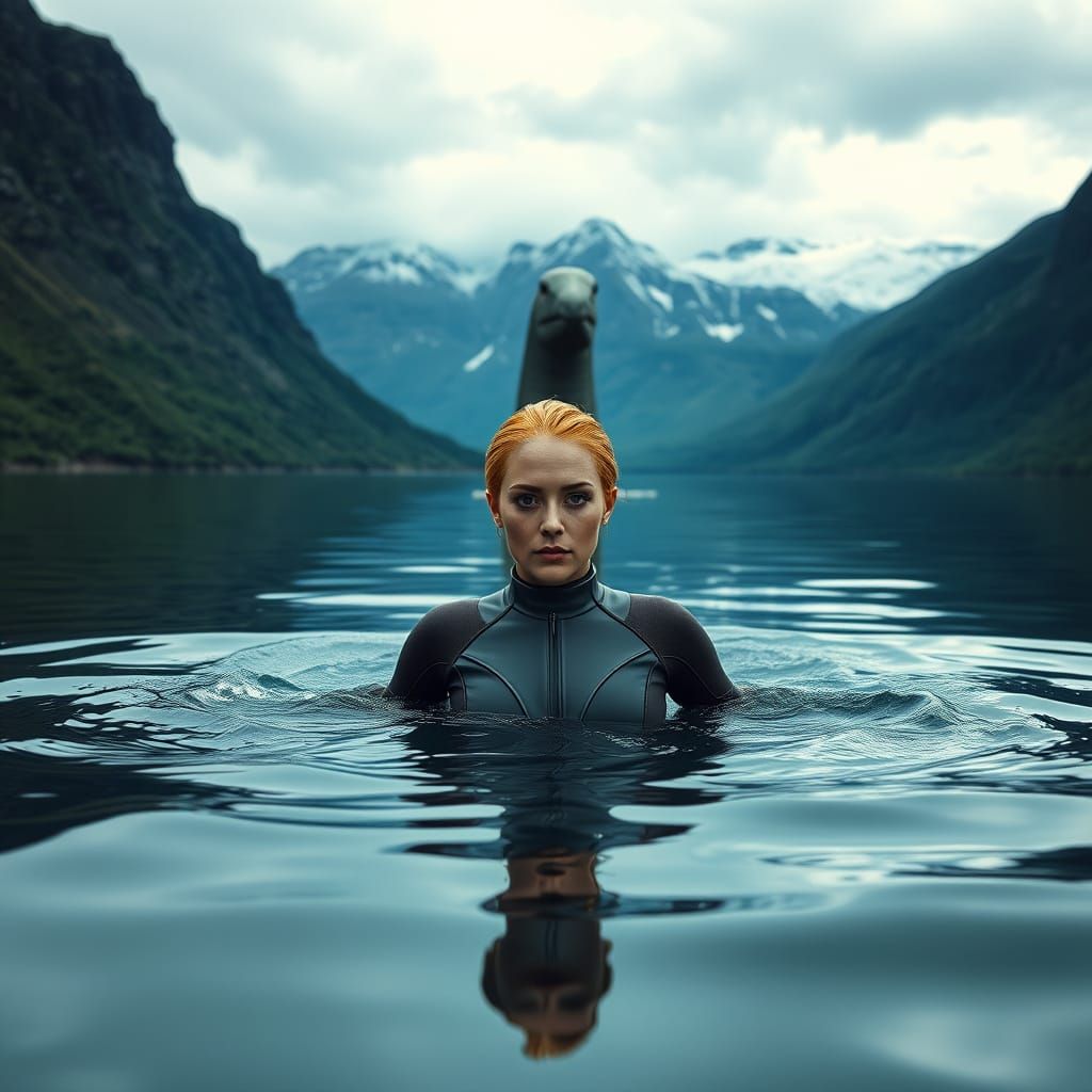 Loch Ness Monster Emerges Behind Diver: Digital Art