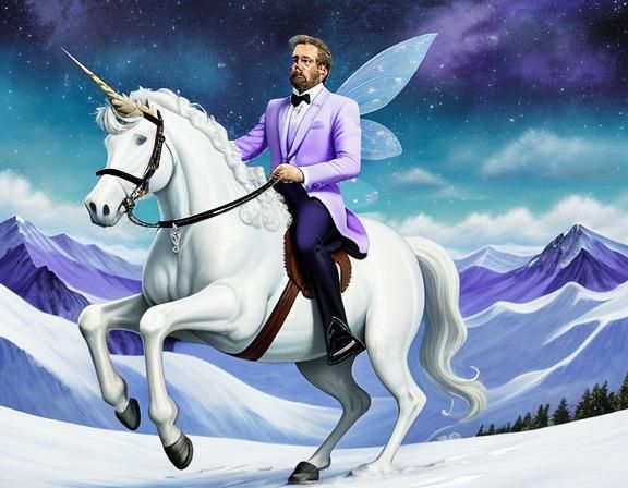 Steve Carell Fairy Rides Unicorn in Van Gogh Sky