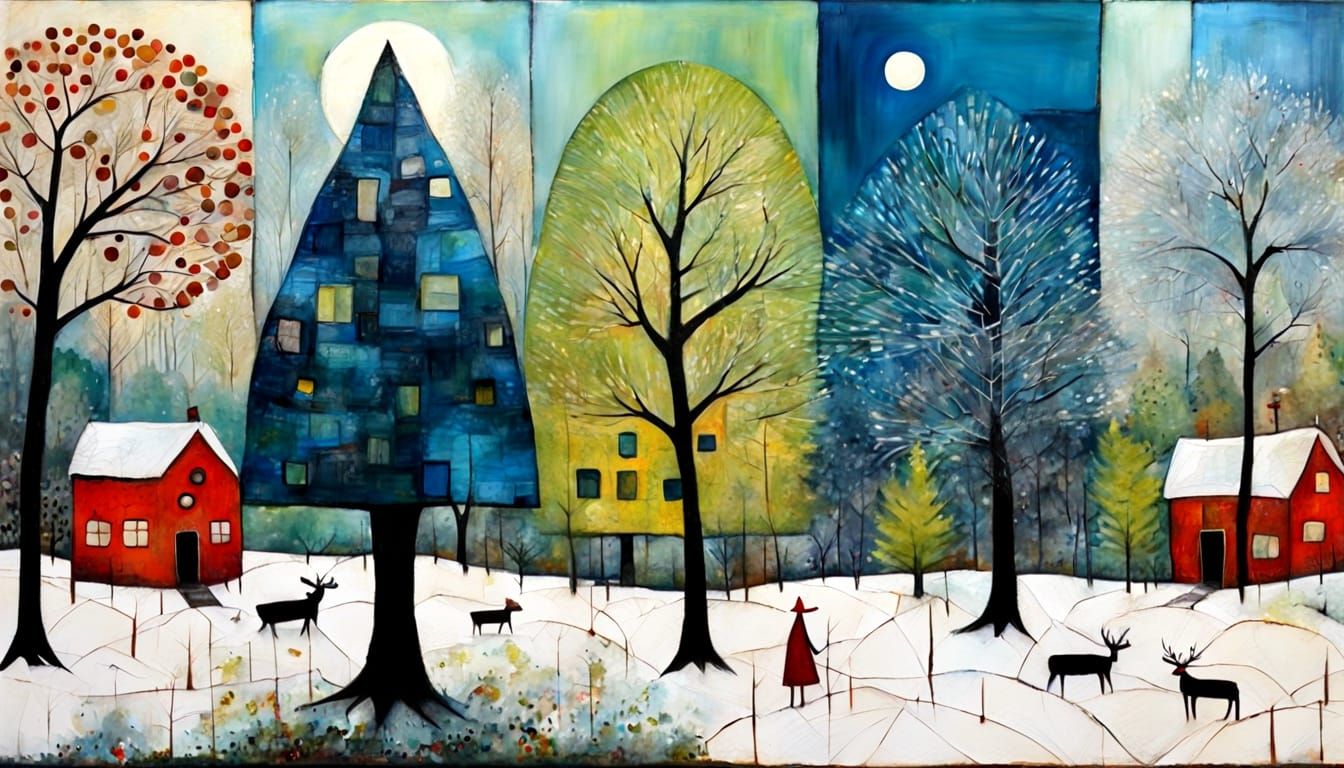 Textured Forest Scene in Naive Primitive Style