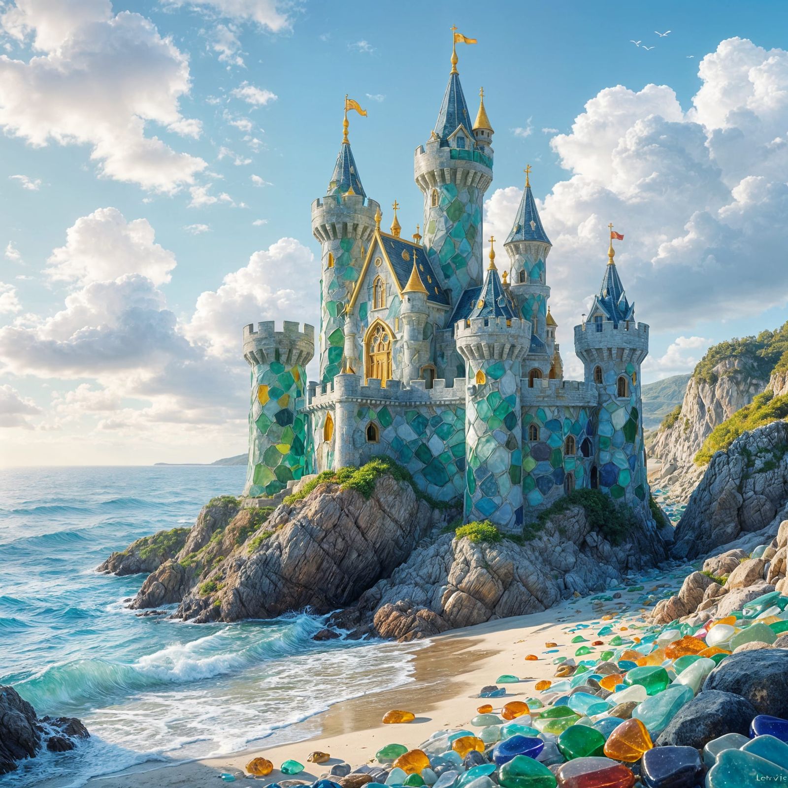 Sea Glass Castle on Cliff Top in Storybook Style