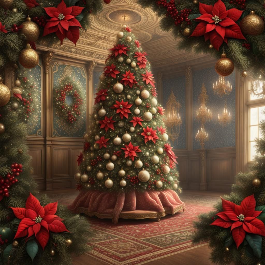 Victorian Christmas Tree with Poinsettias and Ornaments