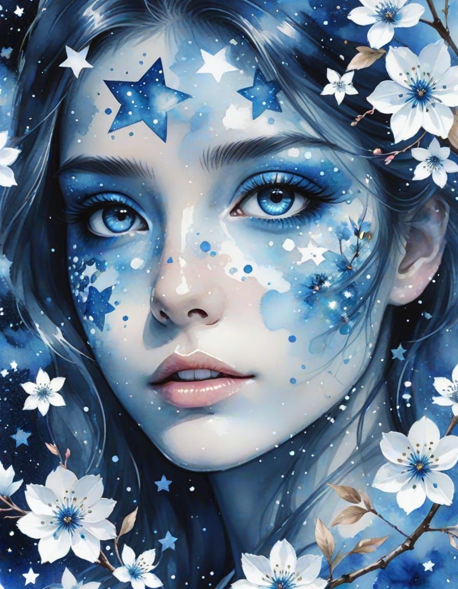 Sapphire Eyes with Stars and Cherry Blossoms in Watercolor