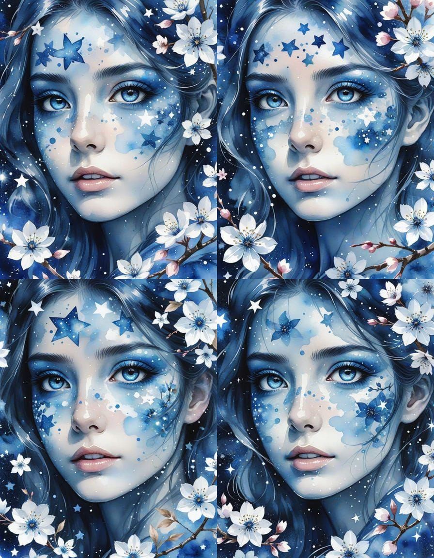Sapphire Eyes with Stars and Cherry Blossoms