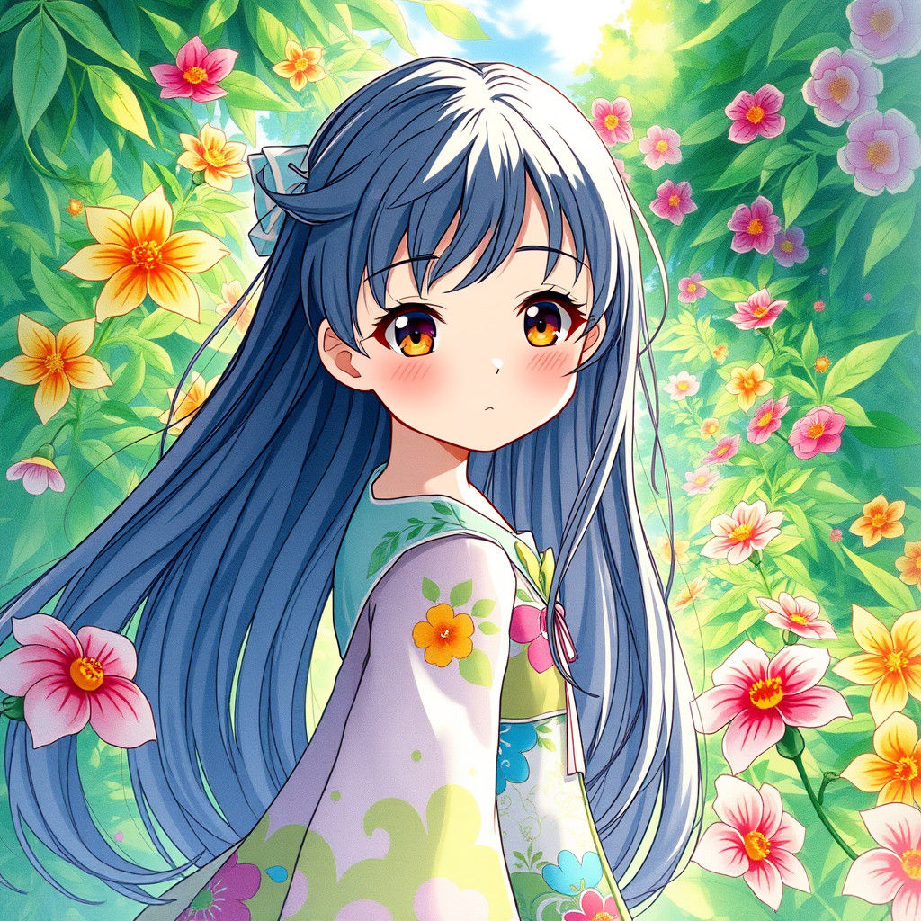 Anime Girl in Lush Garden, Watercolor Style