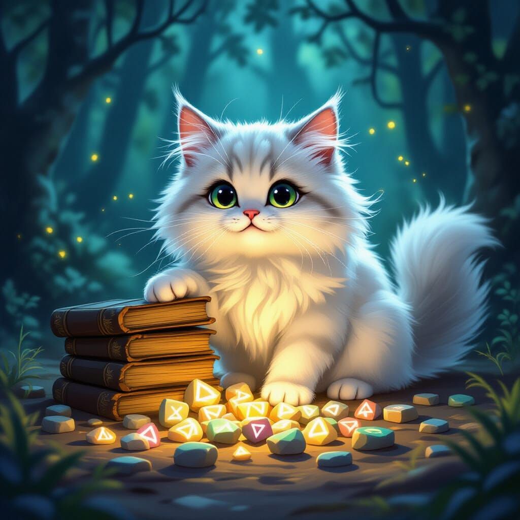 Bewildered Kitten Knocks Over Glowing Runes in Forest
