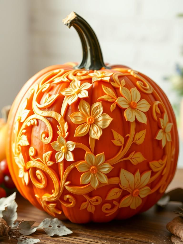 Intricately Carved Pumpkin with Floral Scrollwork
