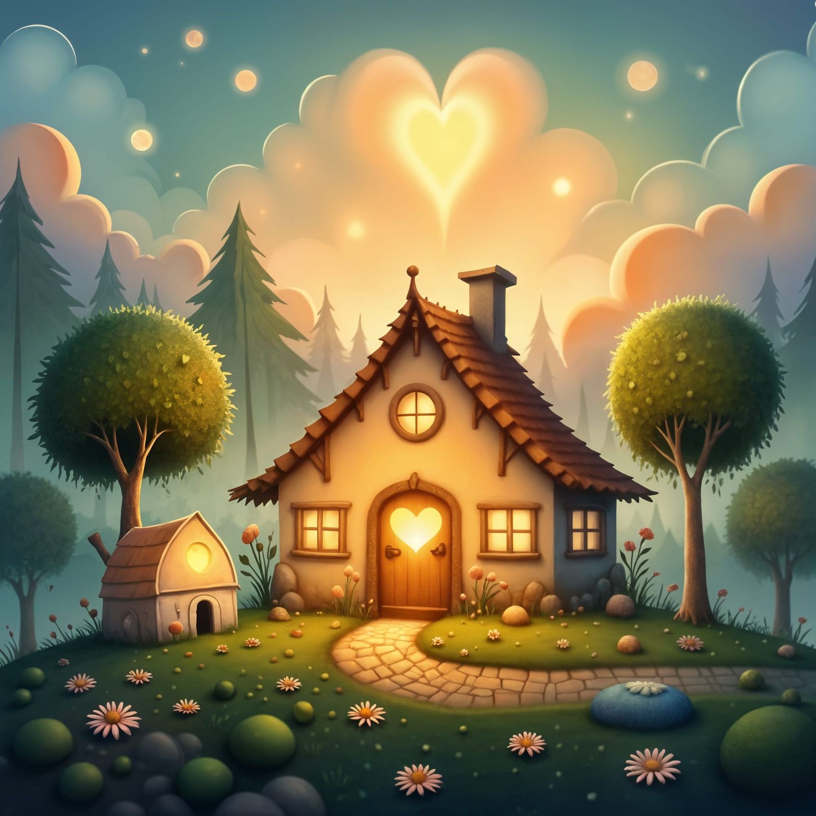Dreamy Cottage in Twilight Hues, Whimsical Watercolor