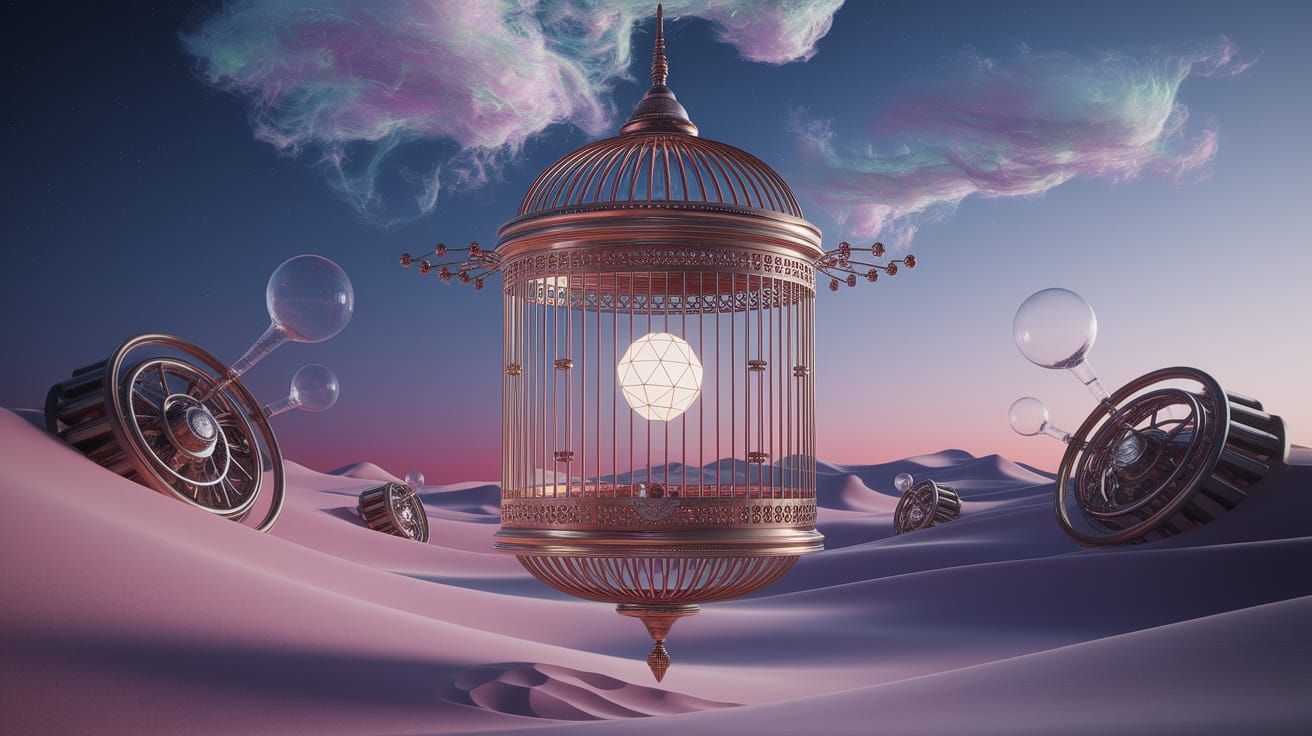Steampunk Bird Cage in Dreamlike Desert Landscape