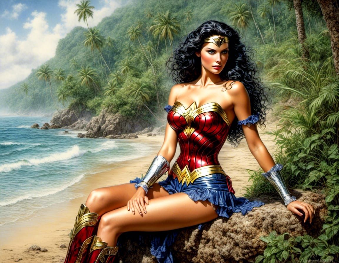 Wonder Woman on Tropical Beach in Hyperrealism Style