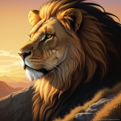 Fiery Lion on Savannah Cliff, Art Nouveau Style