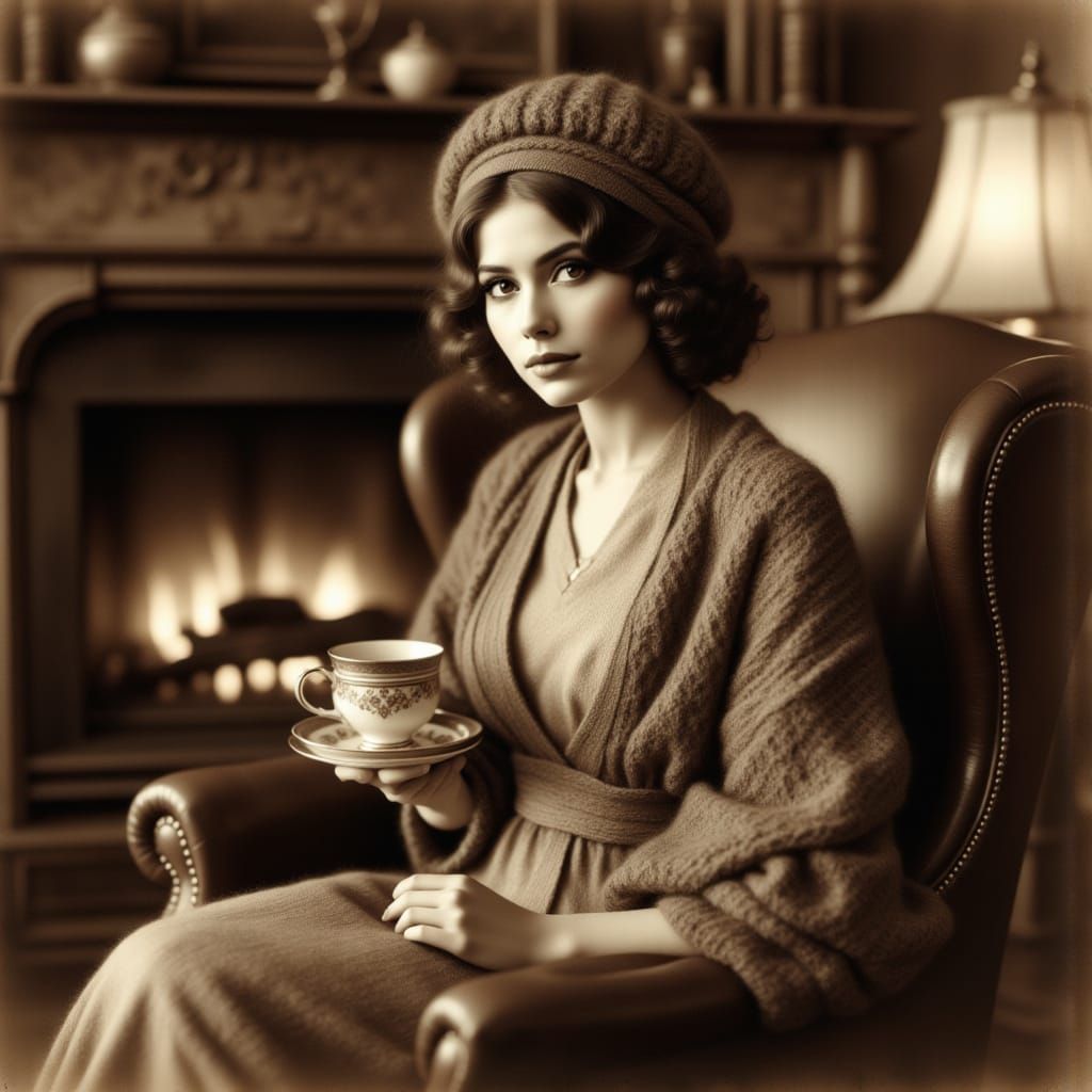 Sepia Portrait of Woman with Tea in Painterly Style